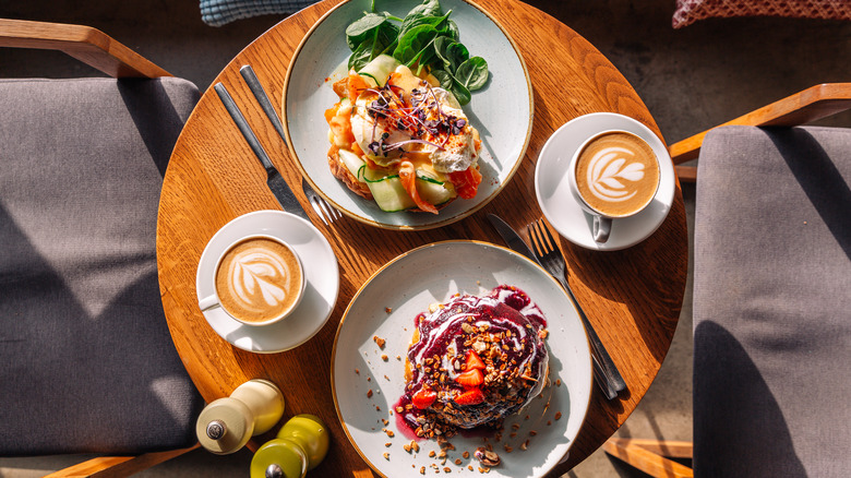 Breakfasts and coffees on a table