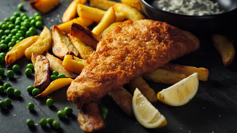 Fish and chips on table