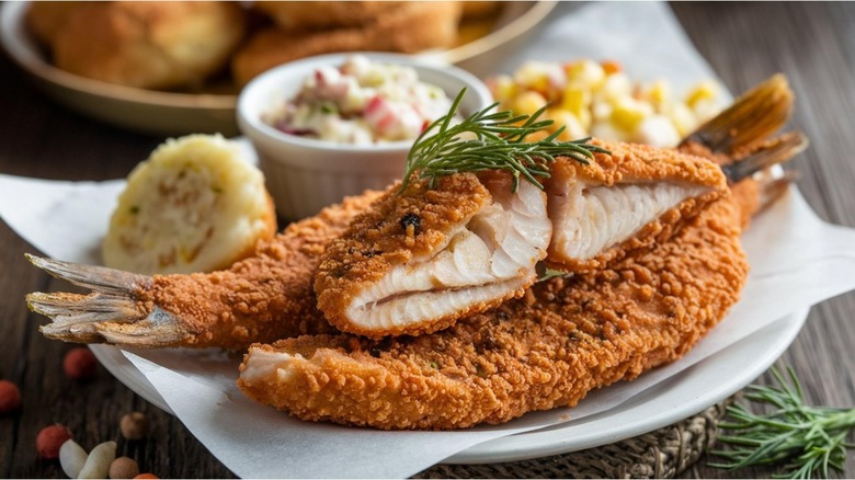 Some fried catfish and sides on white plate