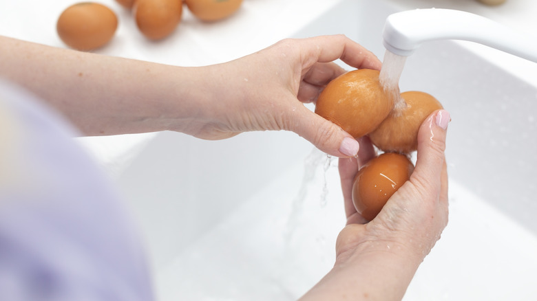 Washing brown chicken eggs under a running faucet