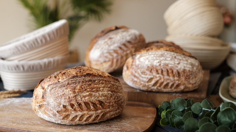 Artisan sourdough bread and bannetons