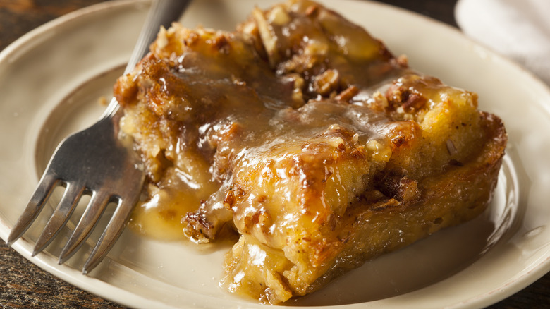 a slice of rich bread pudding