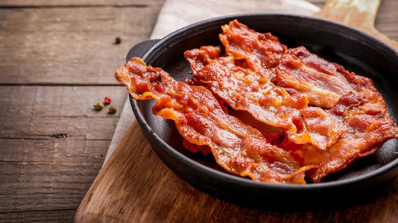 Cooked bacon in a skillet