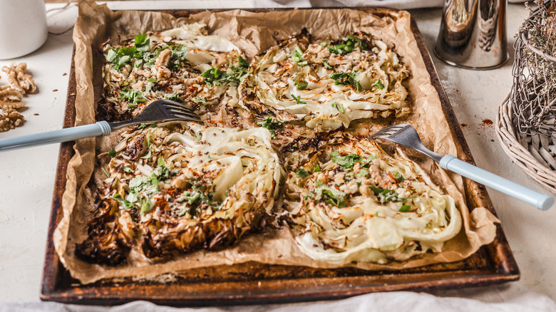 Roasted green cabbage on a sheet pan