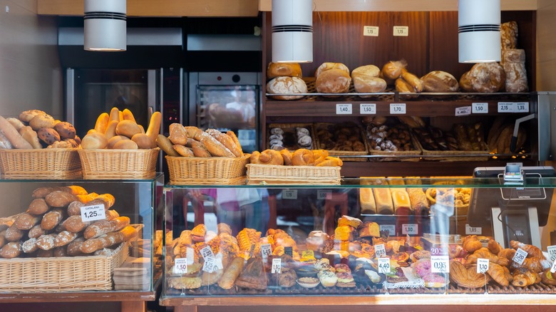 Bread in display cases at a bakery