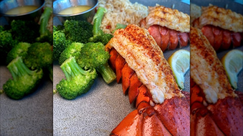 Outback Steakhouse steamed lobster tails with broccoli and butter