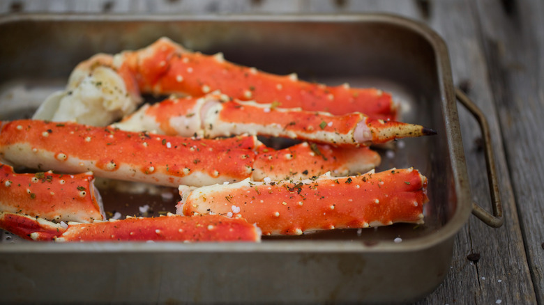 Crab legs in a roasting pan