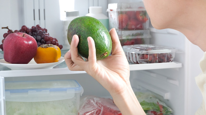 Woman taking avocado from fridge