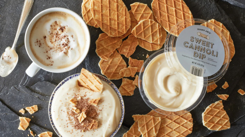 Trader Joe's Sweet Cannoli Dip with waffle chip pieces
