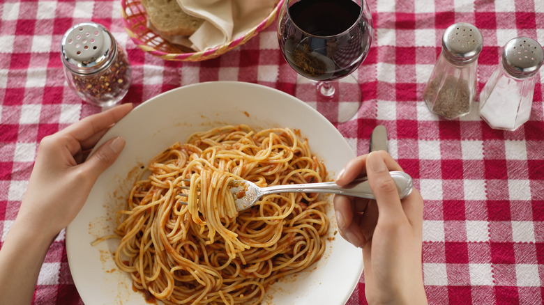 Plate of spaghetti at restaurant