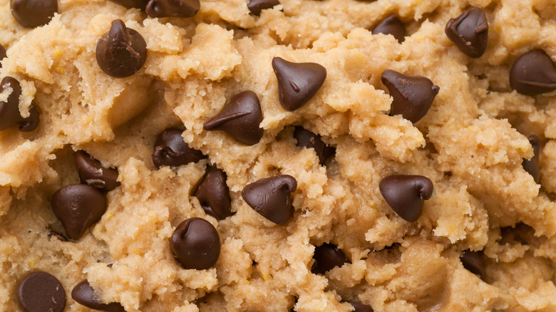 A close up of chocolate chip cookie dough