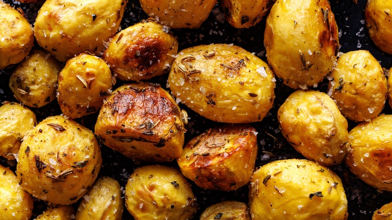 close-up of whole roasted potatoes