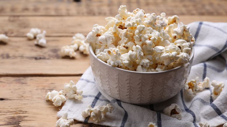 Bowl of popcorn on towel