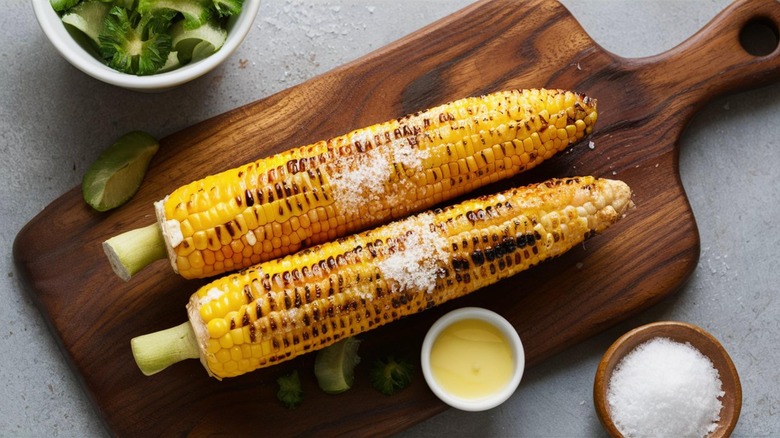 Grilled corn on cob on wooden board