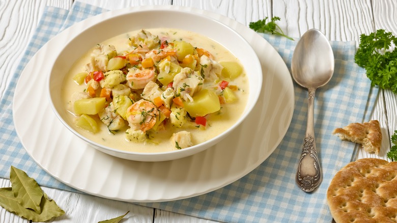 Fish chowder in a white bowl on a blue checkered cloth