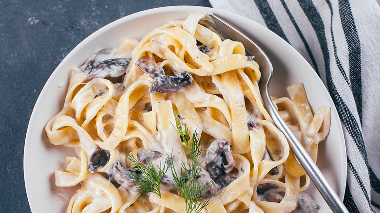 Close-up of pasta in mushroom sauce