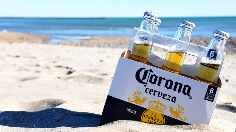 A pack of Corona cerveza on the beach