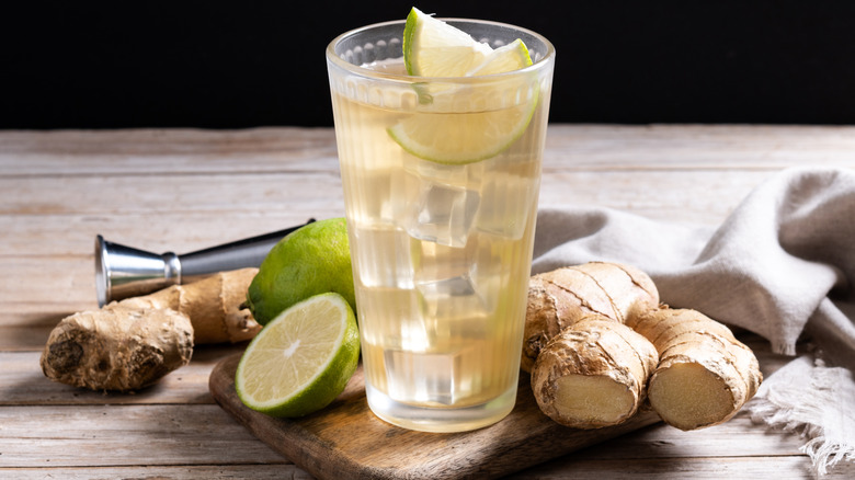 Ginger ale glass with ginger