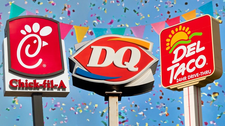 a montage of fast food logos including Chick-fil-A, Dairy Queen, and Del Taco against confetti background