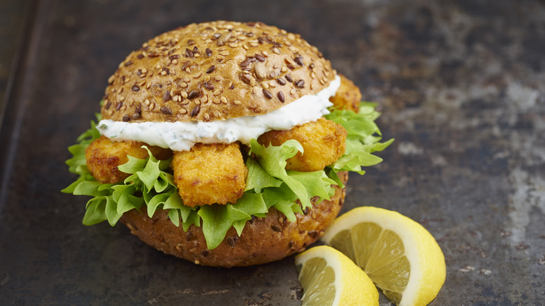 Fish stick sandwich with lettuce