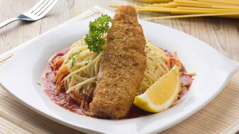 Fish stick with spaghetti