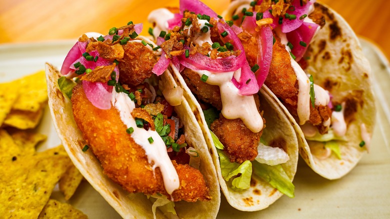 Fish tacos with pickled onions