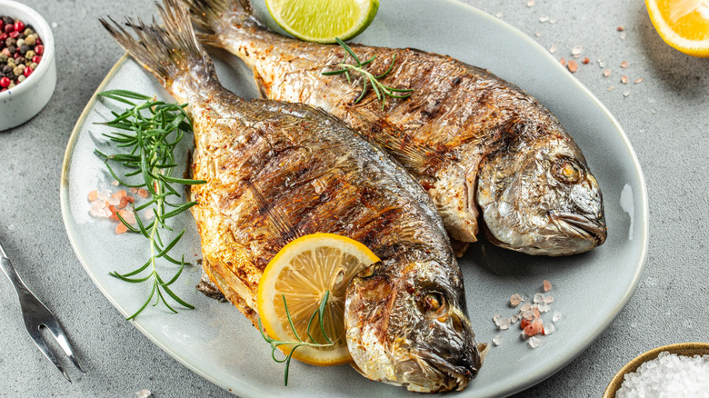 Cooked fish on a plate.