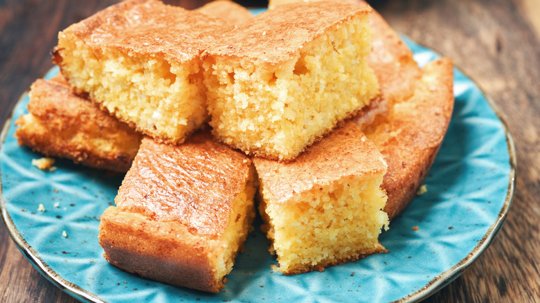 cornbread squares on blue plate