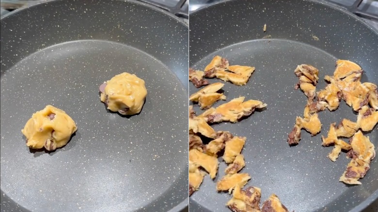 Side-by-side photo of cookie dough placed into a pan to cook on the left and scrambled, cooked cookies on the right