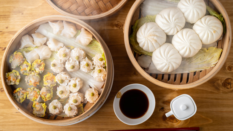 Bamboo steamer baskets filled with food