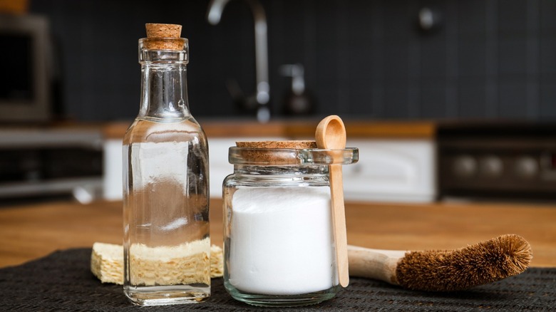 Baking soda and clear vinegar on kitchen countertop