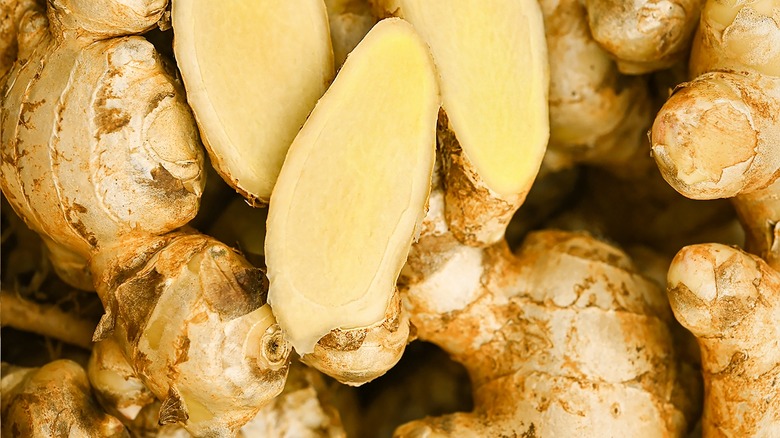 Pile of ginger with a few cut pieces