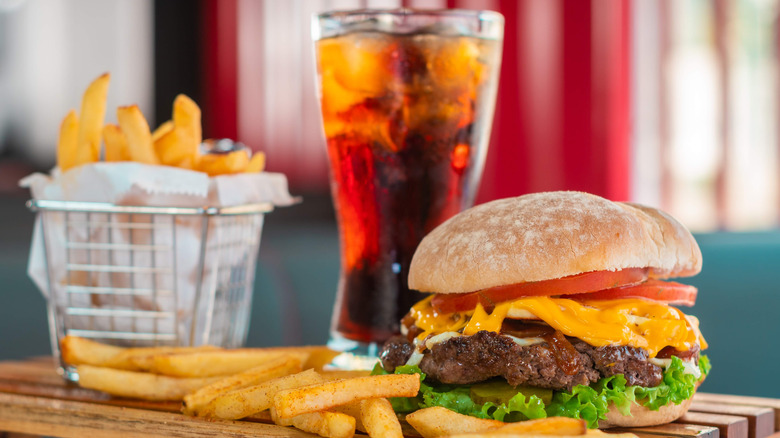 Burger and fries with cola