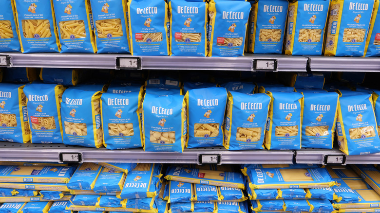 De Cecco pasta boxes on a shelf