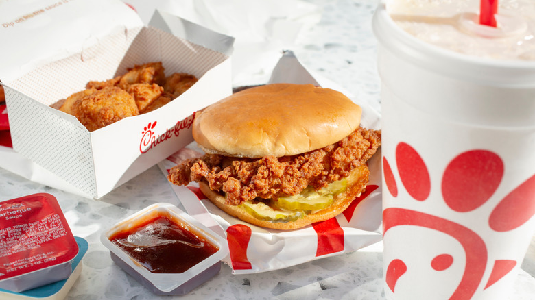 A Chick-fil-A sandwich with other of the company's products