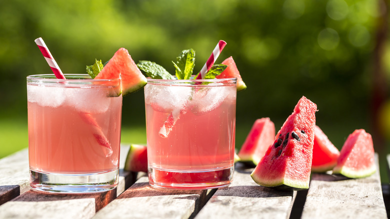 two watermelon cocktails in glasses