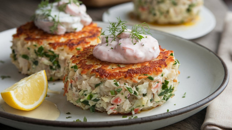 two crab cakes with cream sauce and lemon