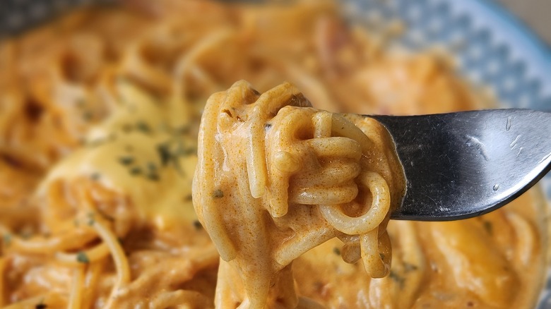 Gochujang pasta on a fork