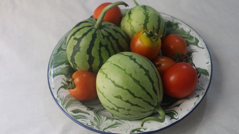 Watermelon and tomatoes in bowl