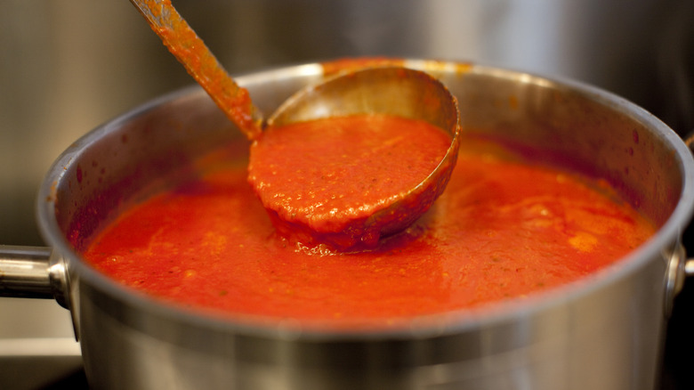 Steel pot of tomato sauce and steel ladle