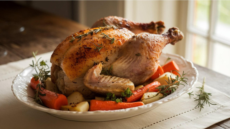 Roast chicken  surrounded by vegetables on a white platter