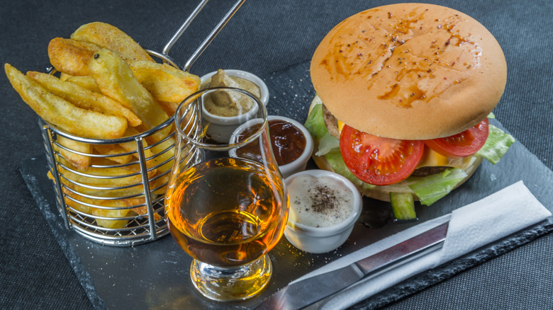 whiskey, fries, burger, and mayonnaise