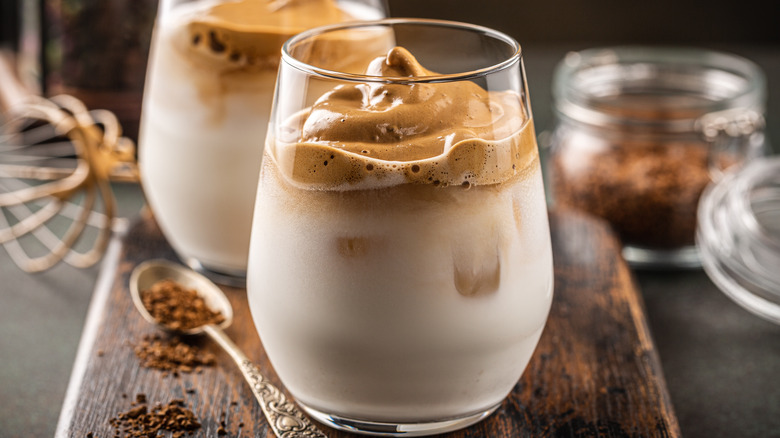 A glass of Dalgona iced coffee