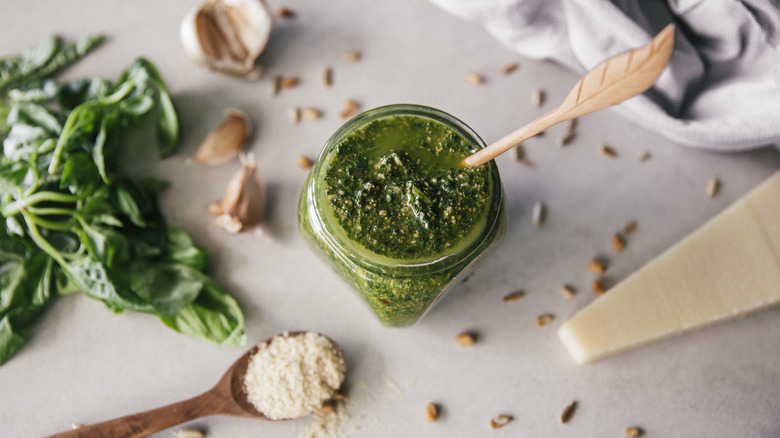 Basil pesto and ingredients