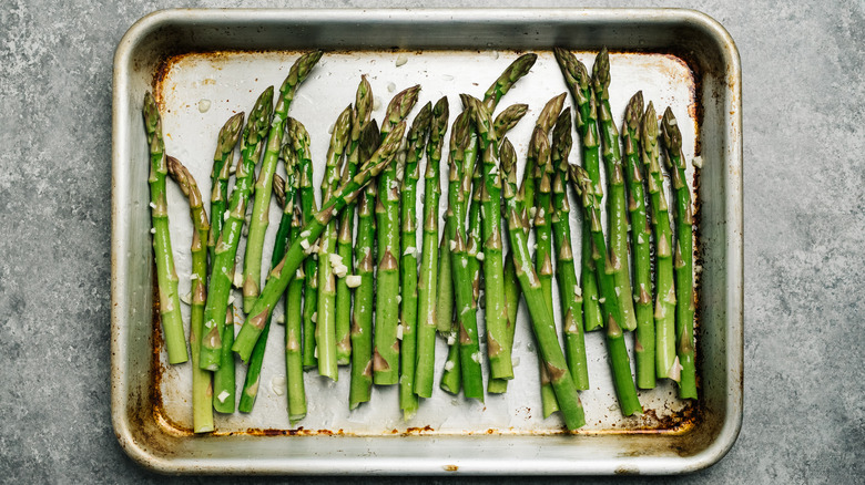 Roasted asparagus on a pan