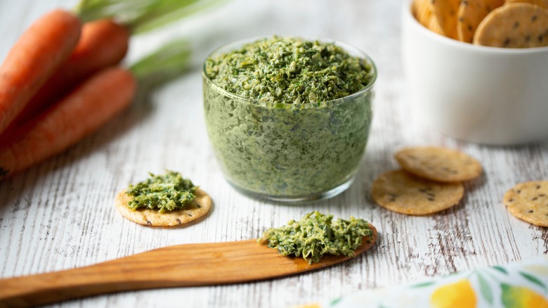 Glass bowl of fresh pesto