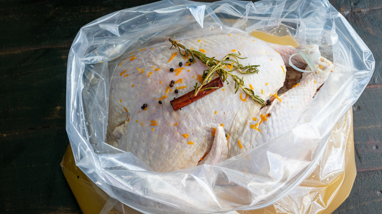Turkey soaking in brine bag