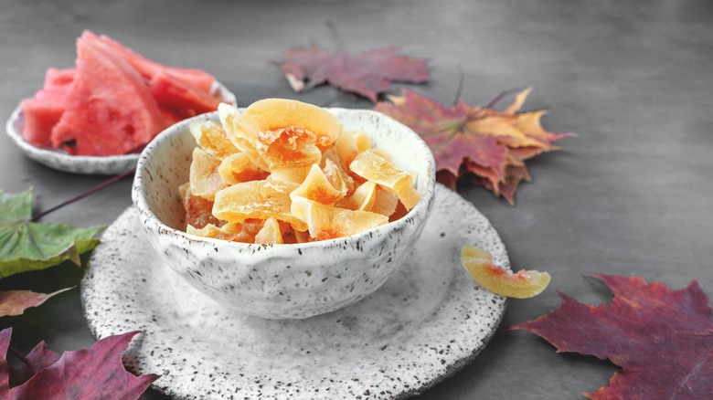 Watermelon rind candy in bowl