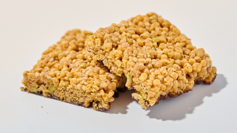 Protein bar cut in half on a table