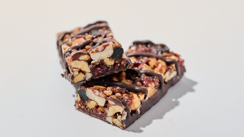 Protein bar cut in half on a table